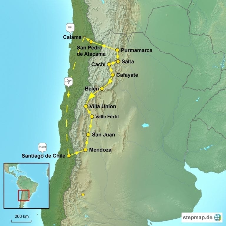 Landkarte Mietwagenreise Anden und Wüste durch Nord-Chile und -Argentinien