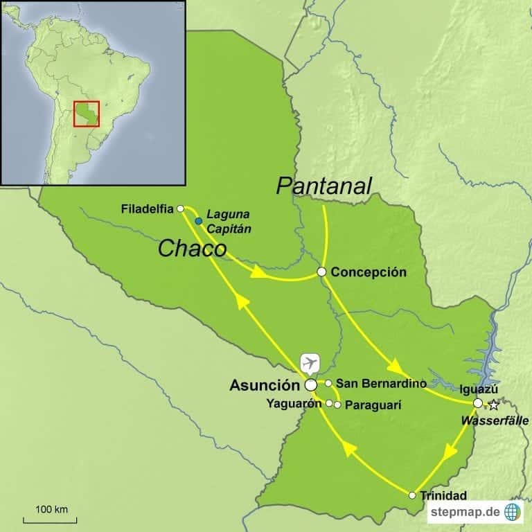 Landkarte Gruppenreise Höhepunkte Paraguays