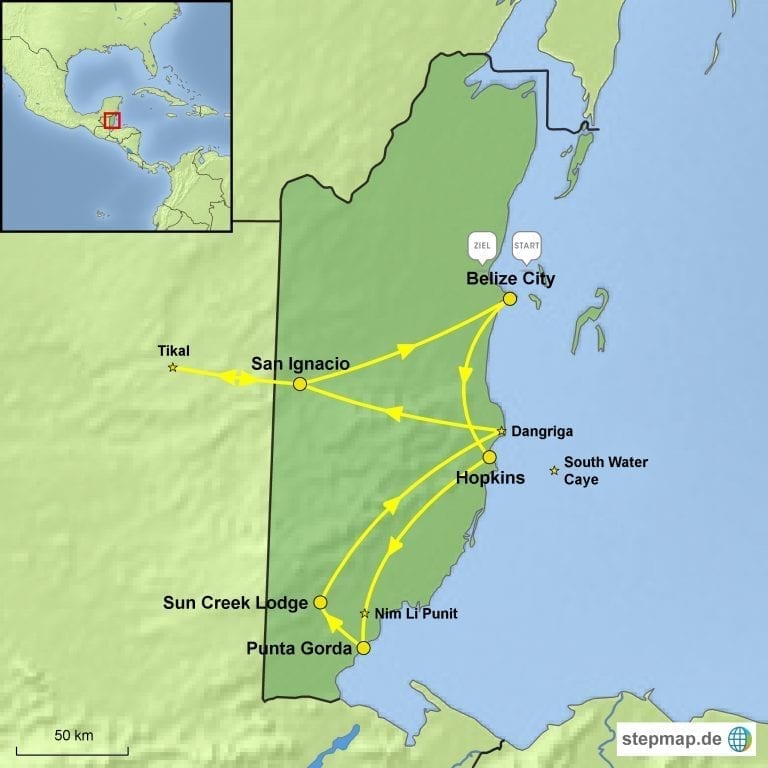 Landkarte Mietwagenrundreise: Tikal und Belize