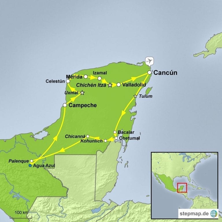 Landkarte Gruppenreise Yukatan kompakt