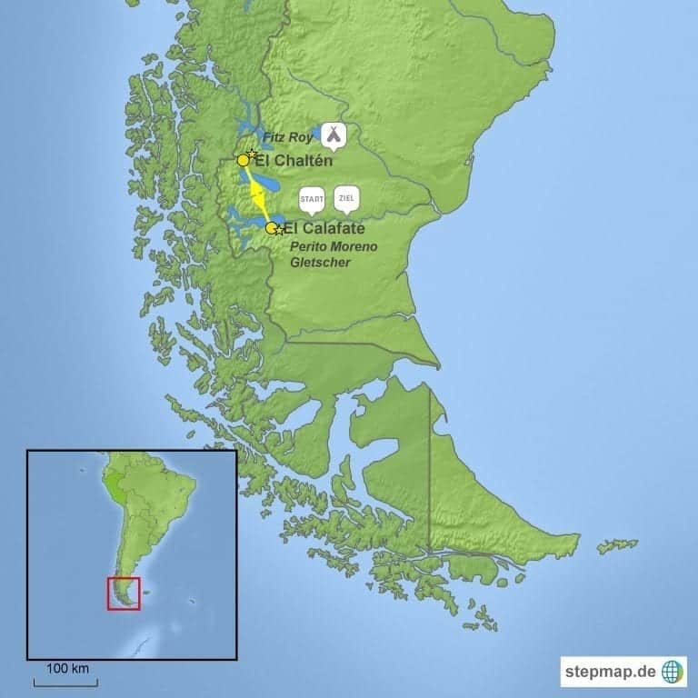 Landkarte Trekkingreise Fitz Roy und Perito Moreno in Argentinien