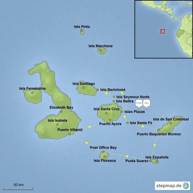 Landkarte Galápagos-Kreuzfahrt auf der M/C Treasure of Galápagos