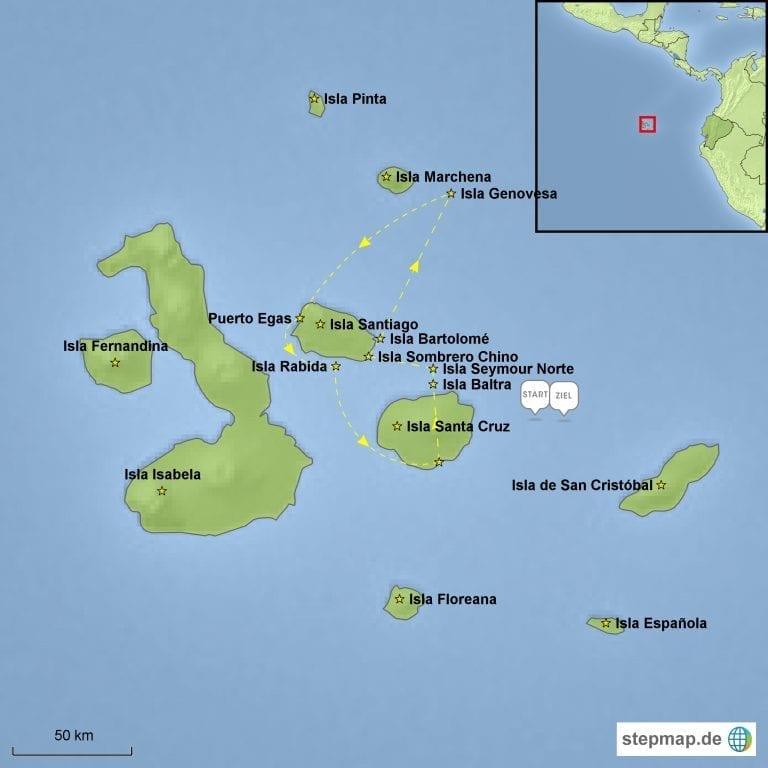 Landkarte Galápagos mit der Motoryacht Angelito