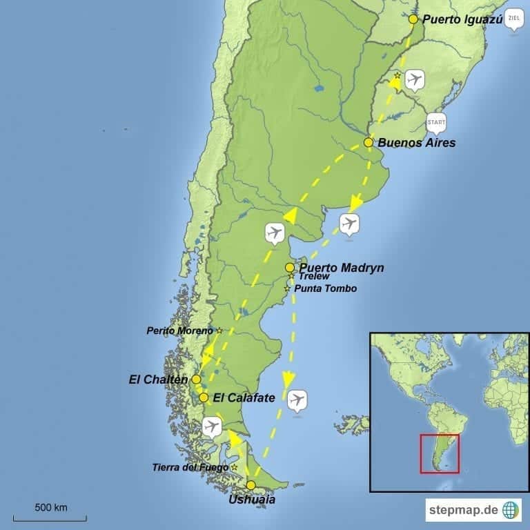 Landkarte Individualreise Höhepunkte Argentinien