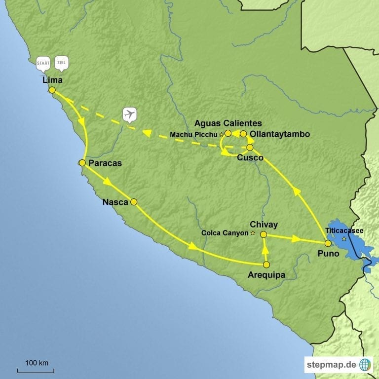 Landkarte Individualreise zu den Höhepunkten Süd-Perus