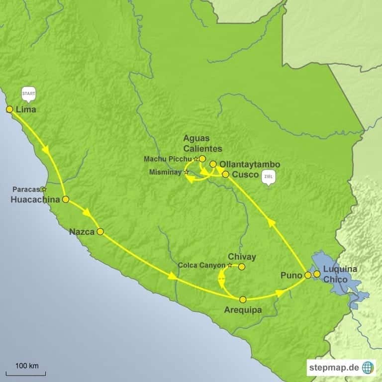 Landkarte Gruppenreise Höhepunkte Peru