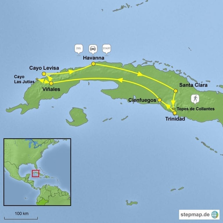 Landkarte Mietwagenreise West - und Zentralkuba mit Casas Particulares