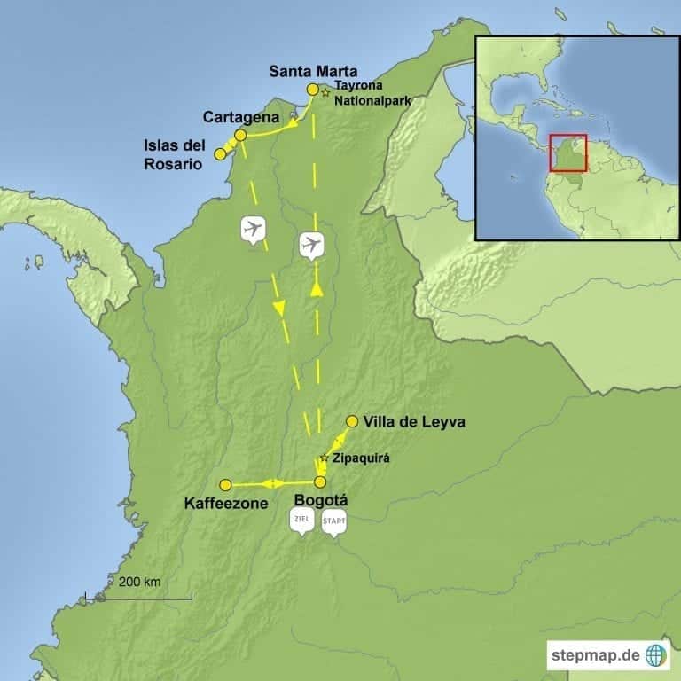 Landkarte Gruppenreise Höhepunkte Kolumbien