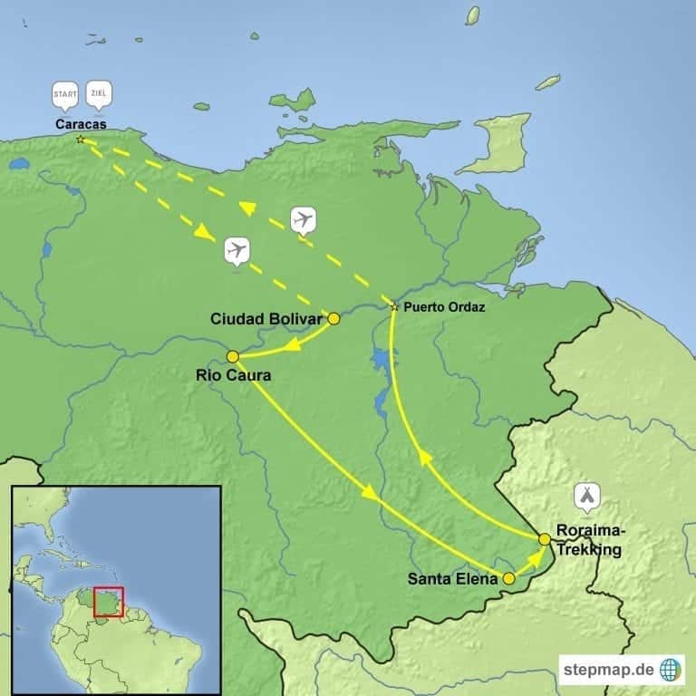 Stepmap Karte Venezuela aktiv mit Salto Ángel und Roraima
